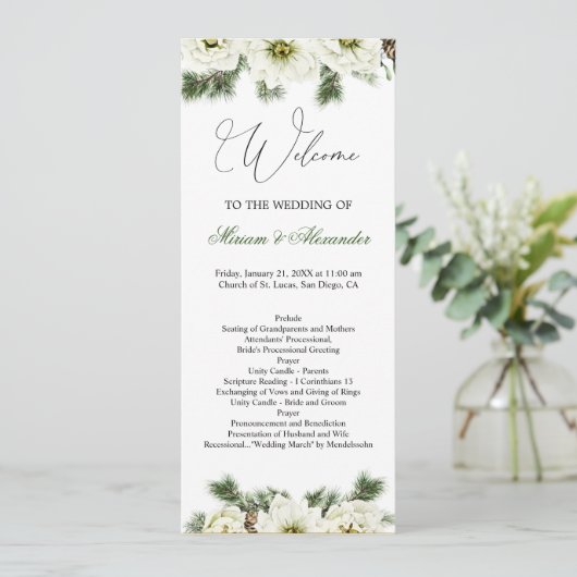 Winter Roos Pine Holly Wedding Programme Uitnodigi Kaart (Staand voorkant)