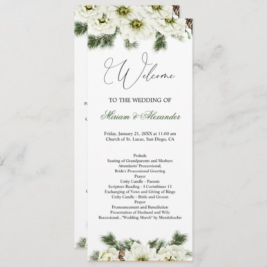 Winter Roos Pine Holly Wedding Programme Uitnodigi Kaart (Voorkant / Achterkant)