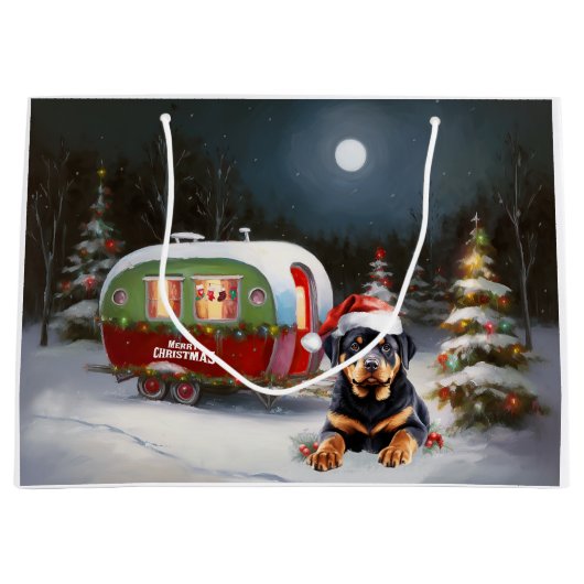 Winter Rottweiler Caravan Kerstavontuur Groot Cadeauzakje (Voorkant)