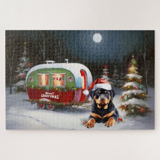 Winter Rottweiler Caravan Kerstavontuur Legpuzzel (Horizontaal)
