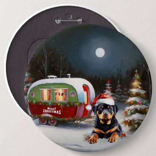 Winter Rottweiler Caravan Kerstavontuur Ronde Button 6,0 Cm (Voorkant /achterkant)