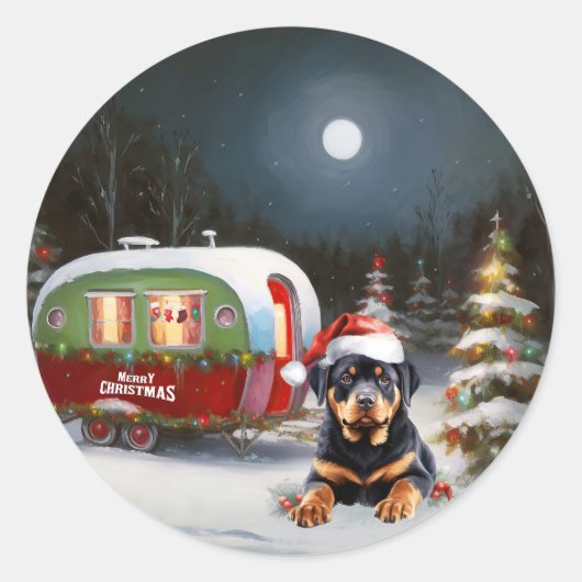 Winter Rottweiler Caravan Kerstavontuur Ronde Sticker (Voorkant)