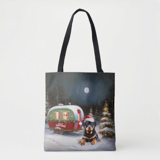 Winter Rottweiler Caravan Kerstavontuur Tote Bag (Voorkant)