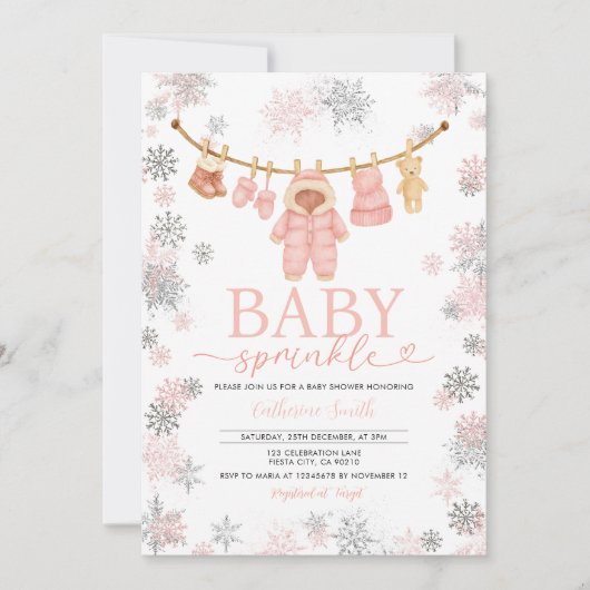 Winter Roze Baby Sprinkle Snowflakes Baby shower Kaart (Voorkant)