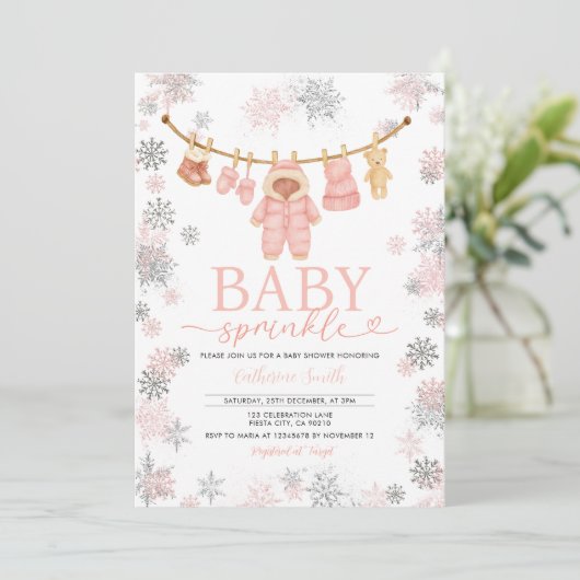 Winter Roze Baby Sprinkle Snowflakes Baby shower Kaart (Staand voorkant)