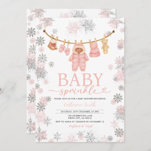 Winter Roze Baby Sprinkle Snowflakes Baby shower Kaart (Voorkant / Achterkant)