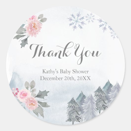 Winter Roze Bloem Baby Shower Bedank Sticker (Voorkant)