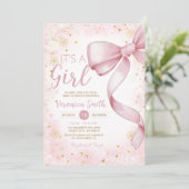 Winter Roze Bow thema Meisje Coquette Baby shower Kaart (Staand voorkant)