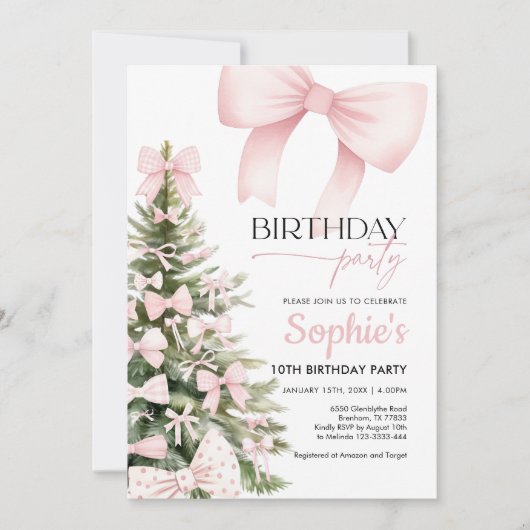 Winter Roze Bow Verjaardag Uitnodiging (Voorkant)