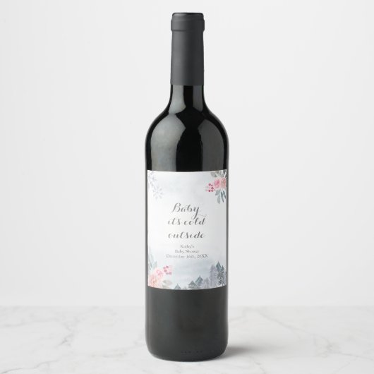 Winter Roze Floral kerstwijn Etiket op fles (Voorkant)