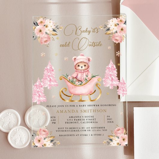 Winter Roze Gouden Bloemen Teddybeer Baby shower Acryl Uitnodigingen
