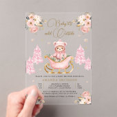 Winter Roze Gouden Bloemen Teddybeer Baby shower Acryl Uitnodigingen (Insitu (Draagbaar))