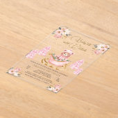 Winter Roze Gouden Bloemen Teddybeer Baby shower Acryl Uitnodigingen (Laagn)