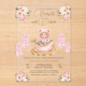 Winter Roze Gouden Bloemen Teddybeer Baby shower Acryl Uitnodigingen (Voorkant)