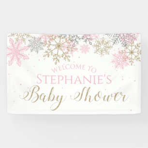 Winter Roze Gouden Glitter Sneeuwvlok Baby shower Spandoek
