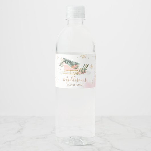 Winter Roze Gouden Sneeuwvlok Baby shower Waterfles Etiket (Voorkant)