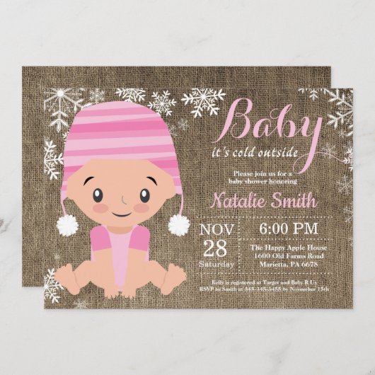 Winter Roze Meisje Baby shower Uitnodiging Burlap (Voorkant / Achterkant)