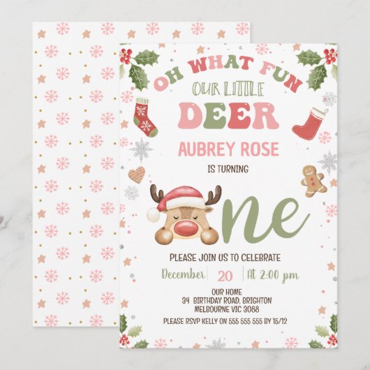 Winter Roze Oh Wat Leuk Rendier 1e Verjaardag Kaart (Voorkant / Achterkant)