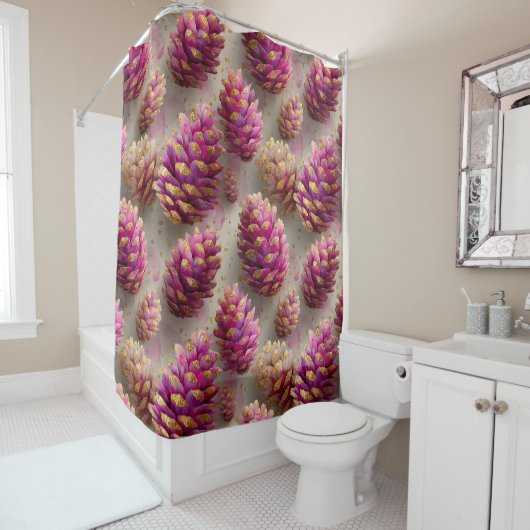 Winter Roze Pine Kegels met Gouden Accenten Douchegordijn (In situ)