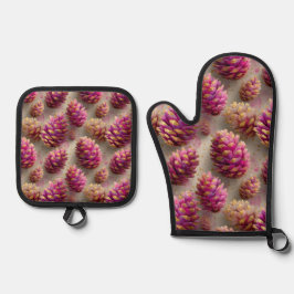 Winter Roze Pine Kegels met Gouden Accenten Ovenwant & Pannenlap Set