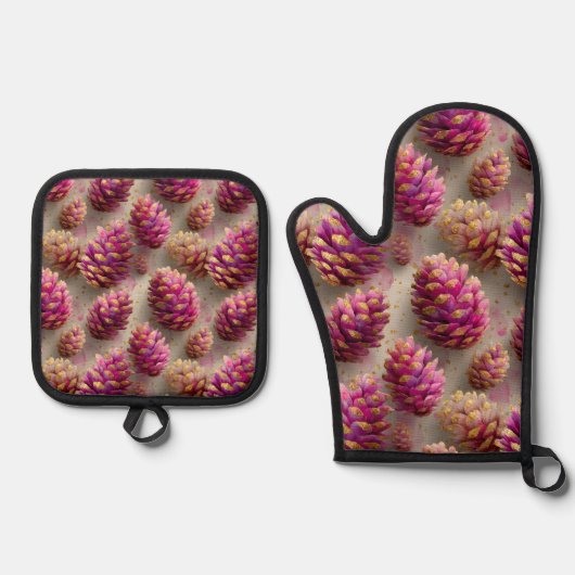 Winter Roze Pine Kegels met Gouden Accenten Ovenwant & Pannenlap Set (Voorkant)