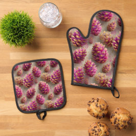 Winter Roze Pine Kegels met Gouden Accenten Ovenwant & Pannenlap Set