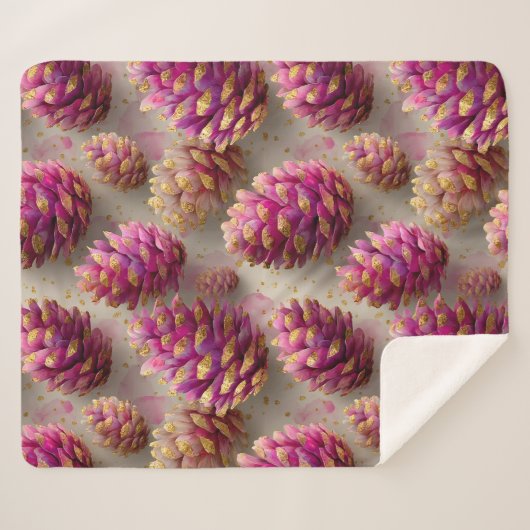Winter Roze Pine Kegels met Gouden Accenten Sherpa Deken (Voorkant (horizontaal))