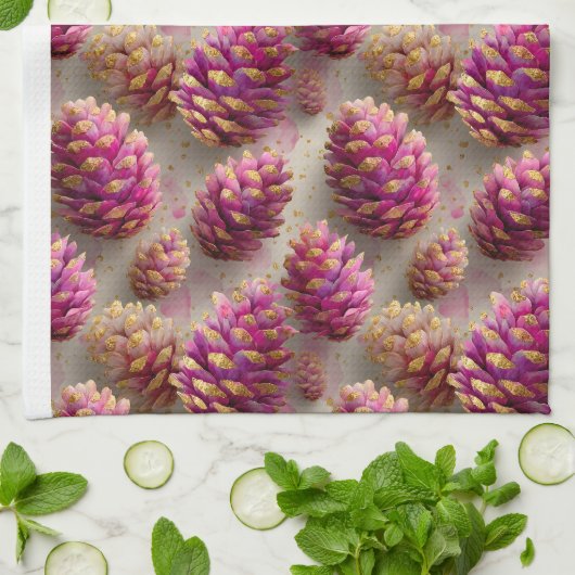 Winter Roze Pine Kegels met Gouden Accenten Theedoek (Gevouwen)