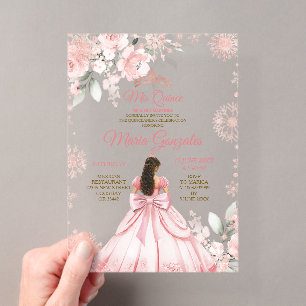 Winter Roze Rose Goud Bloemen Prinses Mis Quince Acryl Uitnodigingen