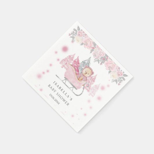 Winter Roze Teddy Bear Sleigh Meisje Baby shower Servet (Hoek)