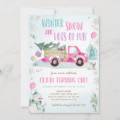 Winter Roze Truck Sneeuw Fun Girl Eerste Verjaarda Kaart (Voorkant)