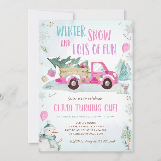 Winter Roze Truck Sneeuw Fun Girl Eerste Verjaarda Kaart (Voorkant)