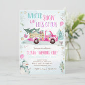 Winter Roze Truck Sneeuw Fun Girl Eerste Verjaarda Kaart (Staand voorkant)