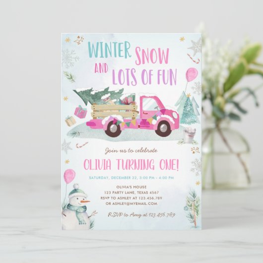 Winter Roze Truck Sneeuw Fun Girl Eerste Verjaarda Kaart (Staand voorkant)