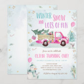Winter Roze Truck Sneeuw Fun Girl Eerste Verjaarda Kaart (Voorkant / Achterkant)
