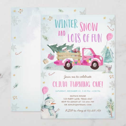 Winter Roze Truck Sneeuw Fun Girl Eerste Verjaarda Kaart (Voorkant / Achterkant)