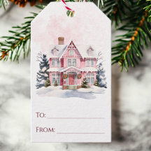 Winter Roze Vintage Huis Watercolor Kerstmis
