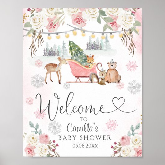 Winter Roze Woodland Animals Girl Baby shower Poster (Voorkant)
