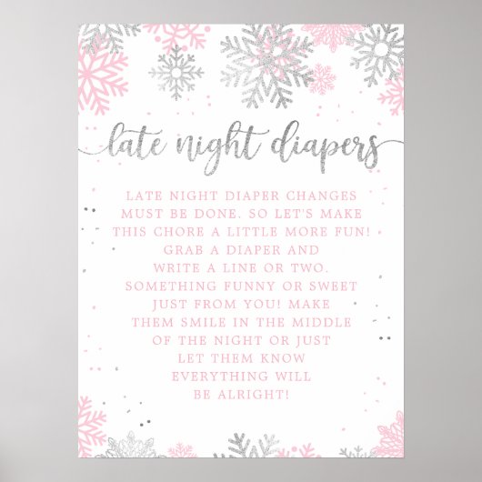 Winter Roze Zilver Late Night Luiers Baby shower Poster (Voorkant)