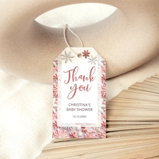 Winter Roze Zilveren Sneeuwvlok Elegant Baby showe Cadeaulabel