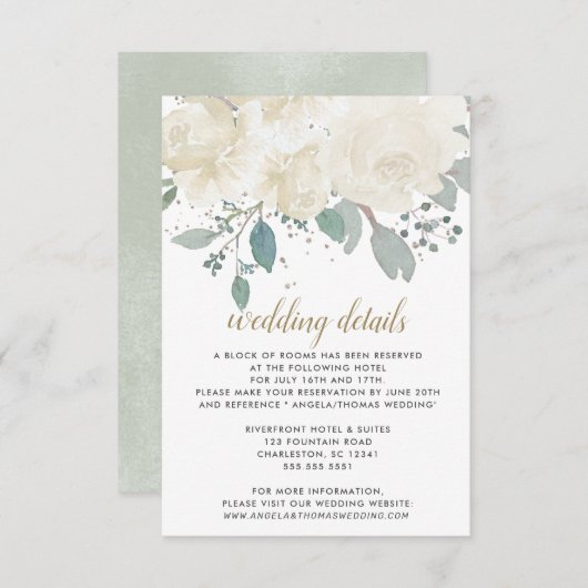 Winter Rozen White Gold Floral Wedding Informatiekaartje (Voorkant / Achterkant)
