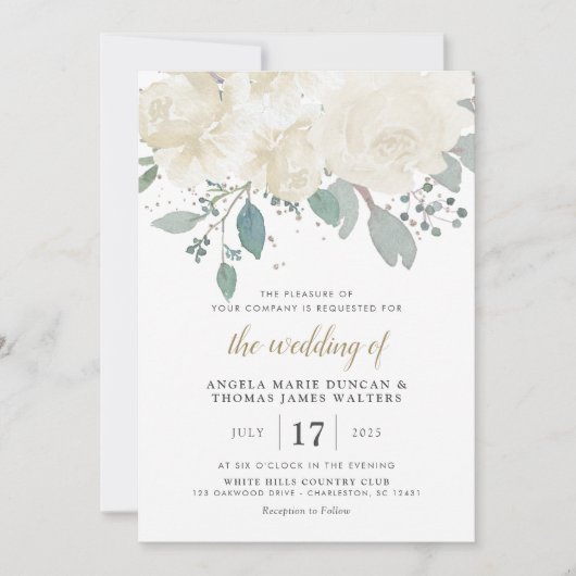 Winter Rozen White Gold Floral Wedding Kaart (Voorkant)