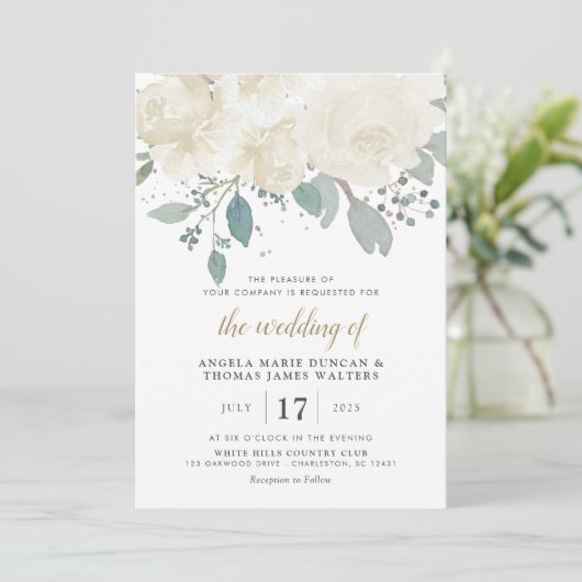 Winter Rozen White Gold Floral Wedding Kaart (Staand voorkant)