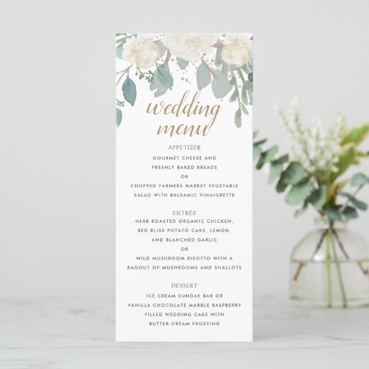 Winter Rozen White Gold Floral Wedding Menu (Staand voorkant)