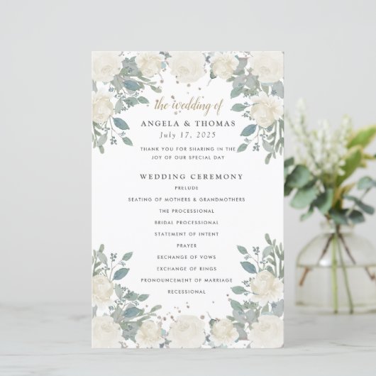 Winter Rozen White Gold Floral Wedding Programme (Staand voorkant)