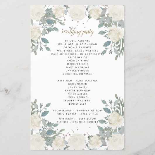 Winter Rozen White Gold Floral Wedding Programme (Achterkant)