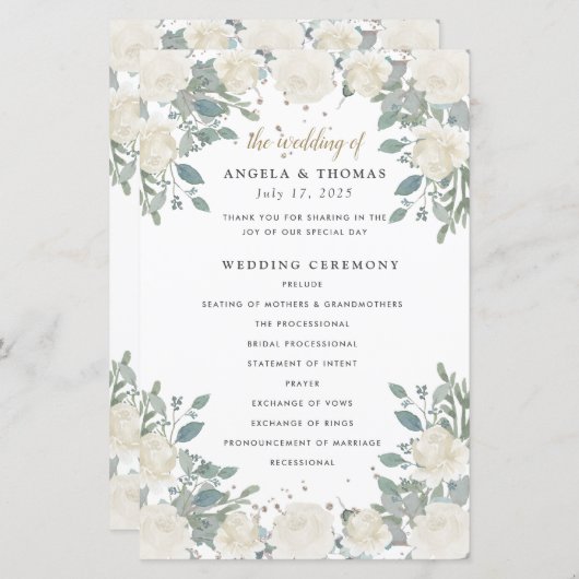 Winter Rozen White Gold Floral Wedding Programme (Voorkant / Achterkant)