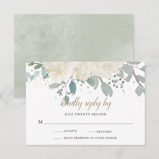 Winter Rozen White Gold Floral Wedding RSVP Kaartje (Voorkant / Achterkant)