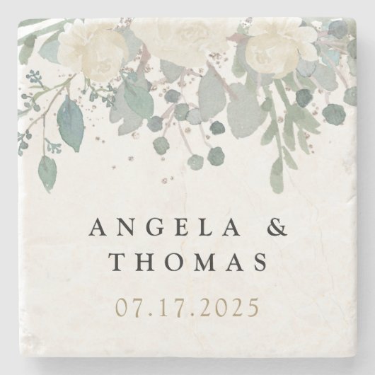 Winter Rozen White Gold Floral Wedding Stenen Onderzetter (Voorkant)