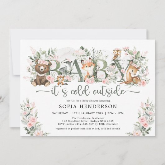 Winter Rozen Woodland Animals Girl Baby shower Kaart (Voorkant)